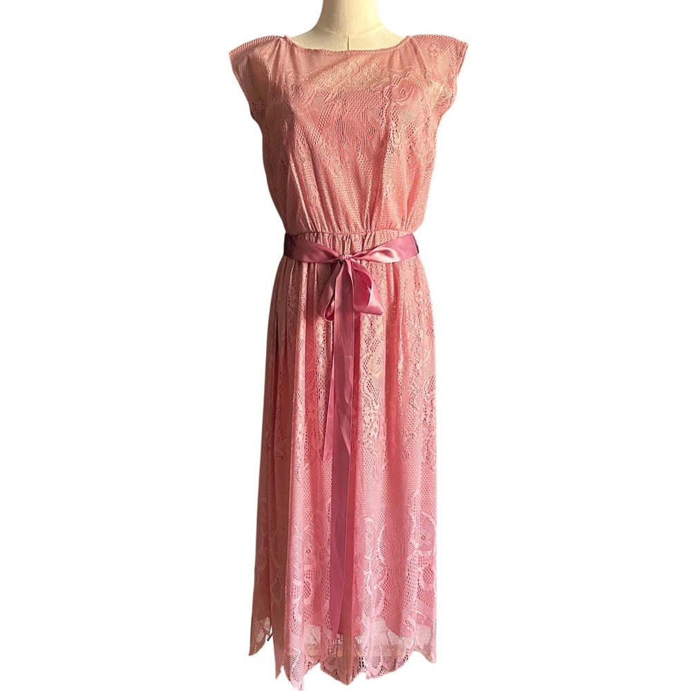 Pink Lace Midi Dress with Satin Waist Tie